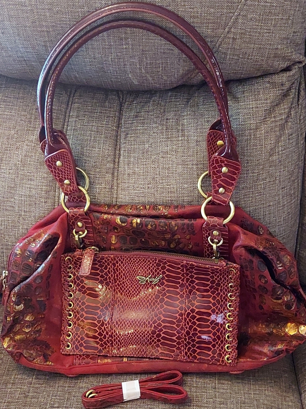 Sharif Burgundy Croc-Embossed Shoulder Bag with Gold Hardware